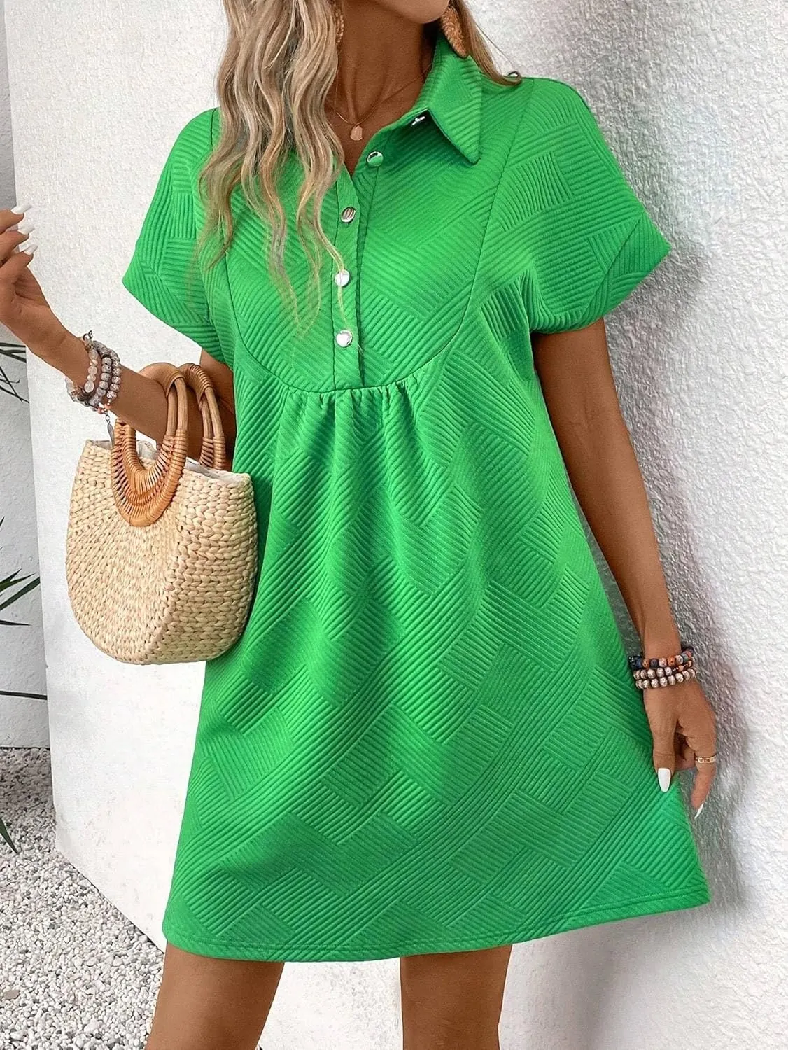 Women's Half-Buttoned V-Neck Batwing Sleeve Summer Dress Fashion Short Dresses for Women