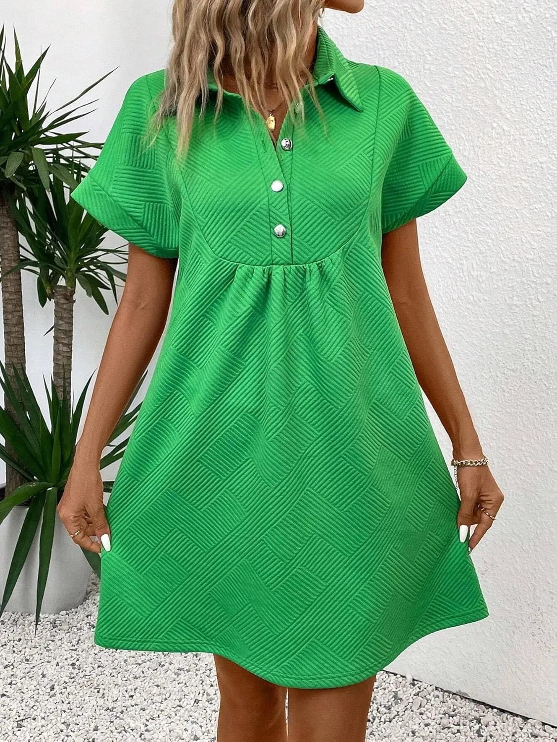 Women's Half-Buttoned V-Neck Batwing Sleeve Summer Dress Fashion Short Dresses for Women