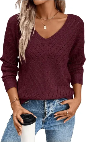 Women's Hollow Out Pullover Sweaters Vintage Lightweight V Neck Long Sleeve Oversize Knit Tops