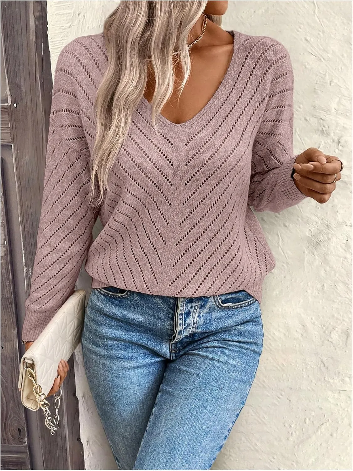 Women's Hollow Out Pullover Sweaters Vintage Lightweight V Neck Long Sleeve Oversize Knit Tops
