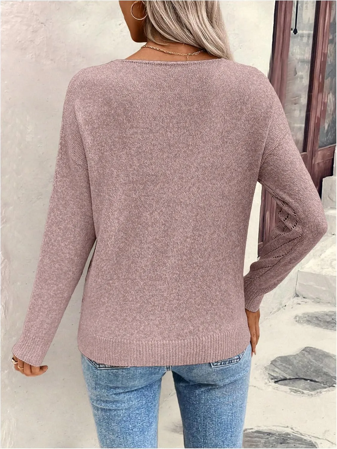 Women's Hollow Out Pullover Sweaters Vintage Lightweight V Neck Long Sleeve Oversize Knit Tops