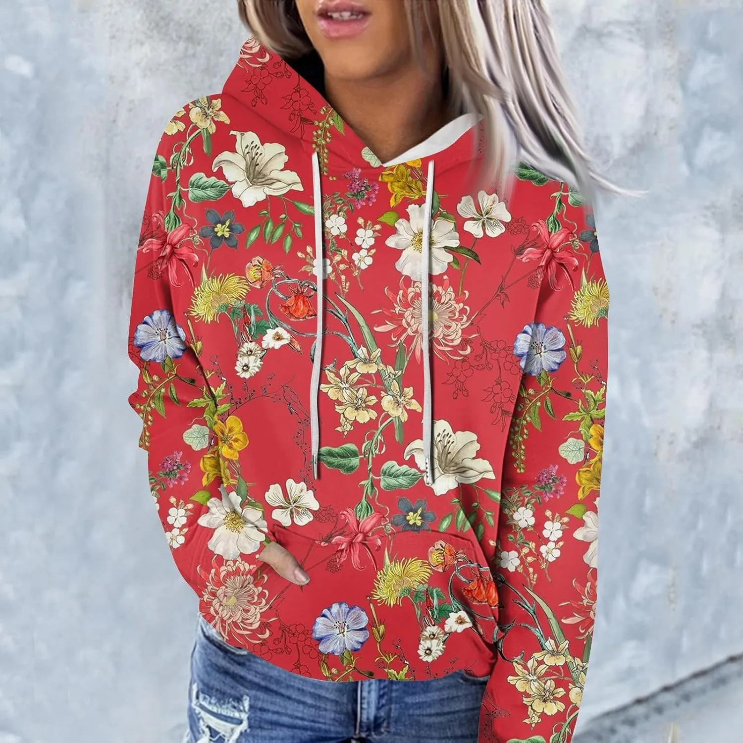 Womens Hoodies Casual Long Sleeve Drawstring Plaid Print Pullover Tops Loose Hooded Sweatshirt with Pocket