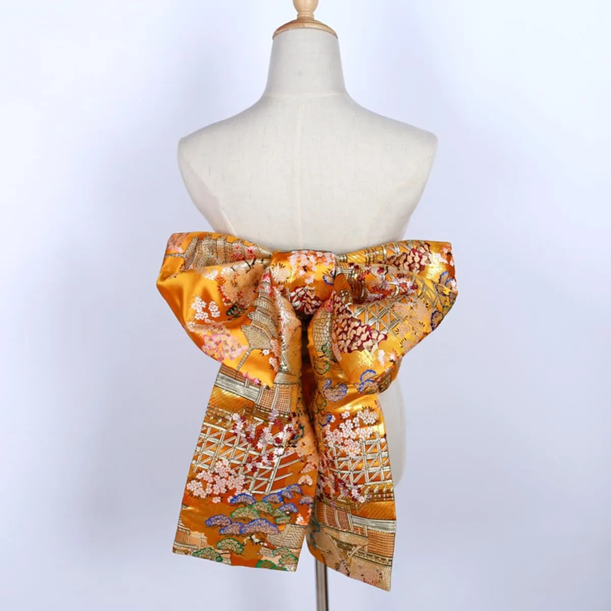 Womens Japanese Kimono Obi Belt Pre Tied Bow Jacquard Long Tailed Belt Sash Yukata Robe Accessories