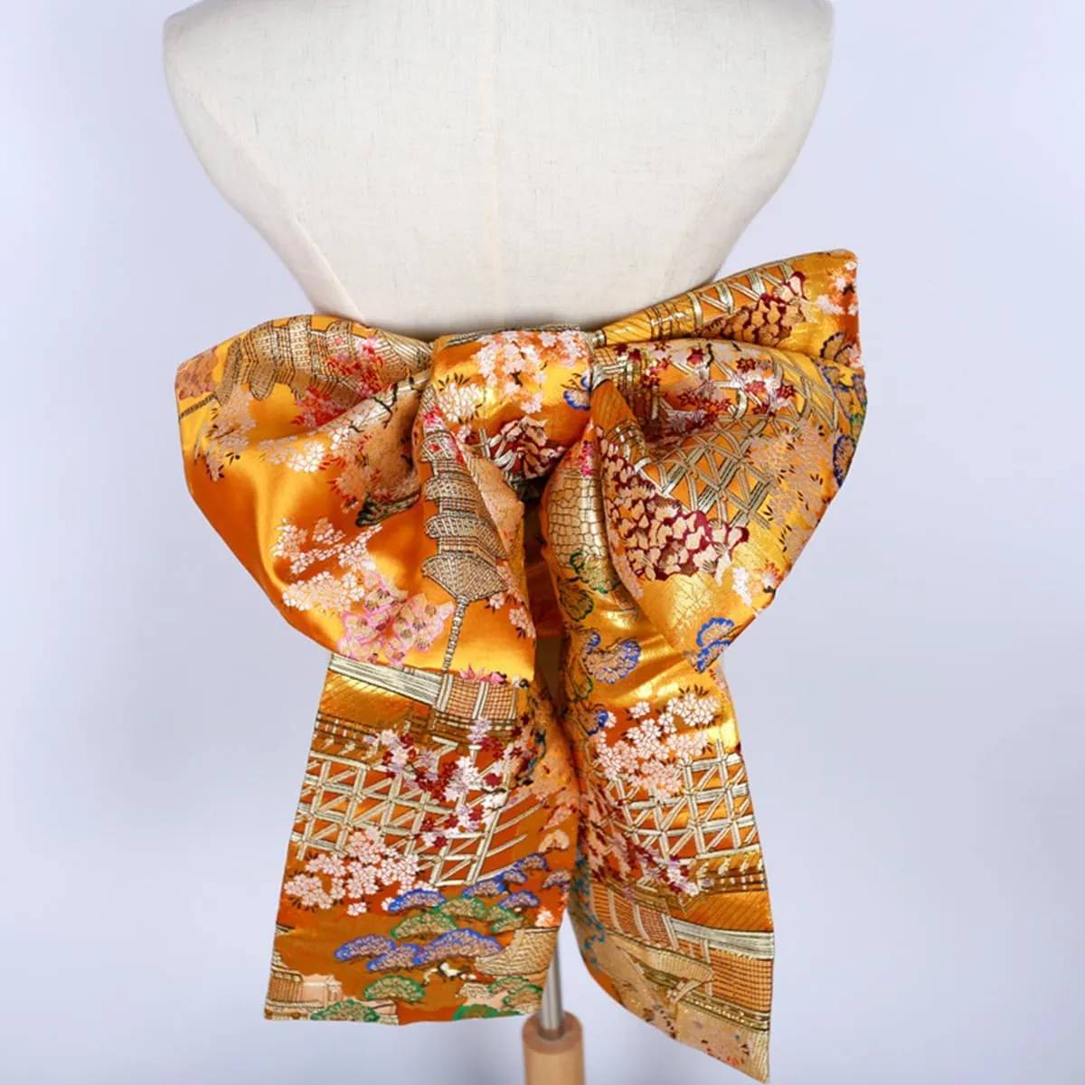 Womens Japanese Kimono Obi Belt Pre Tied Bow Jacquard Long Tailed Belt Sash Yukata Robe Accessories