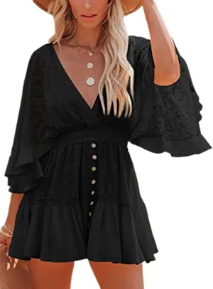 Women's Lace Crochet Mini Dress Sexy V Neck Ruffle Sleeve Flowy Dresses Floral Textured Tiered Cute Sundress