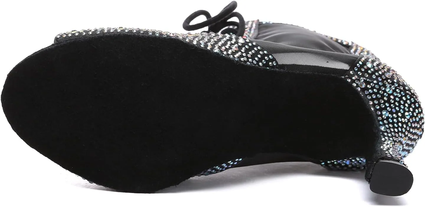 Women's Latin Dance Boots with Rhinestones Peep Toe Ballroom Salsa Ankle Dance Shoes High Heels