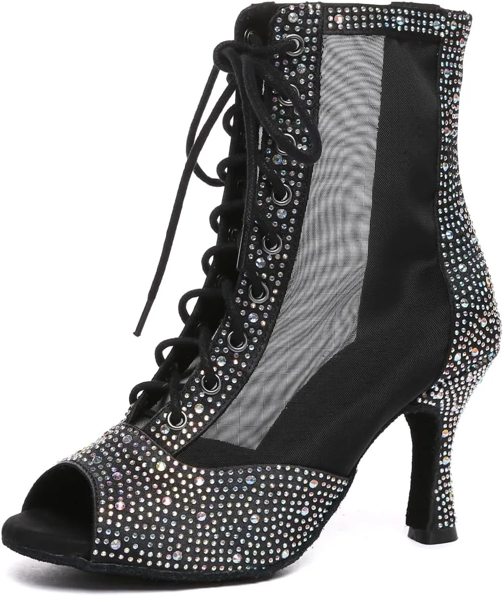 Women's Latin Dance Boots with Rhinestones Peep Toe Ballroom Salsa Ankle Dance Shoes High Heels