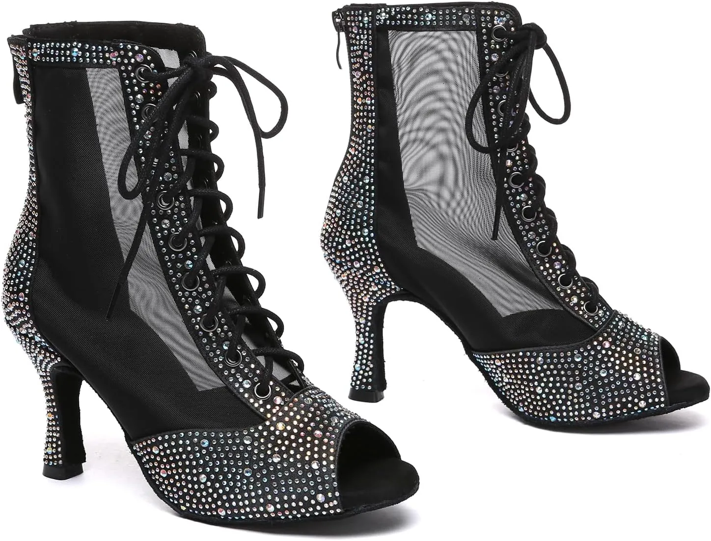 Women's Latin Dance Boots with Rhinestones Peep Toe Ballroom Salsa Ankle Dance Shoes High Heels