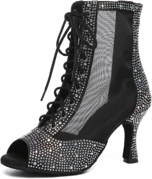 Women's Latin Dance Boots with Rhinestones Peep Toe Ballroom Salsa Ankle Dance Shoes High Heels
