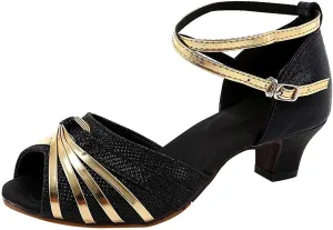 Women's Latin Dance Shoes Mid Heels Closed Toe Salsa Ballroom Dancing Shoes for Outdoor