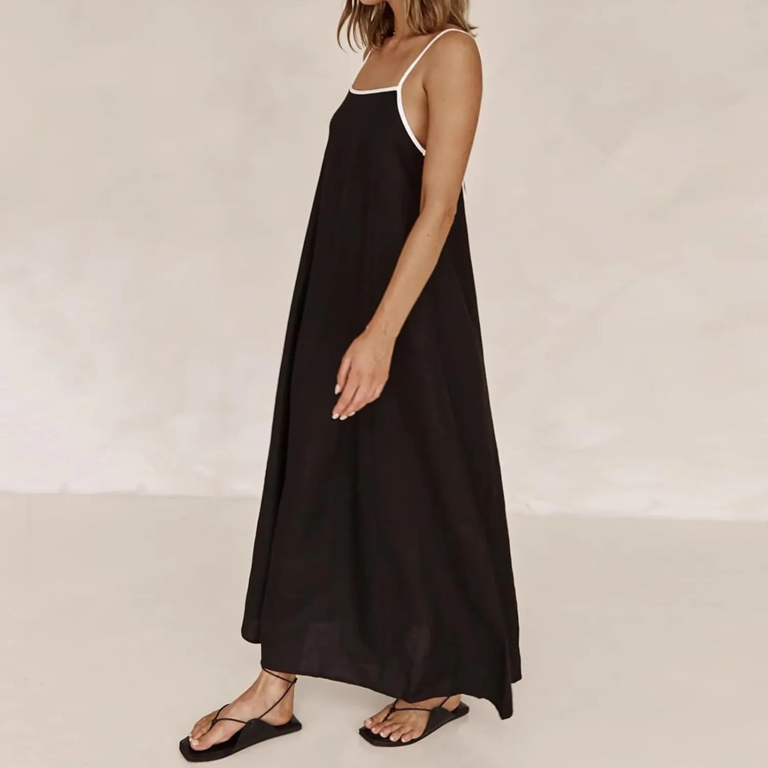 Womens Linen Maxi Dress Contrast Trim Spaghetti Straps Summer Outfits Sleeveless Long Dresses Women's Maxi Dress