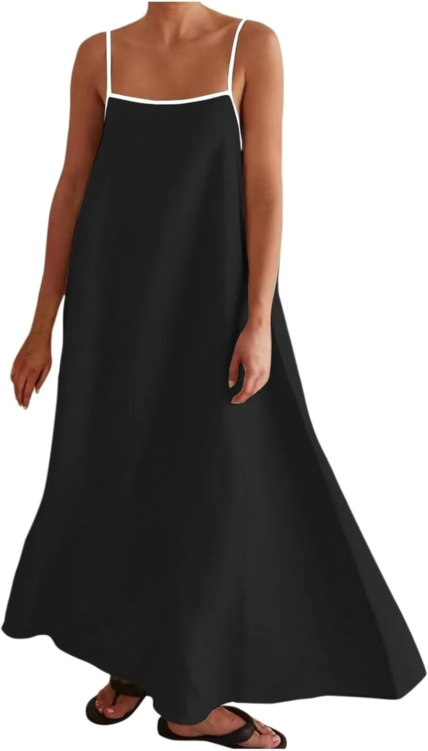 Womens Linen Maxi Dress Contrast Trim Spaghetti Straps Summer Outfits Sleeveless Long Dresses Women's Maxi Dress