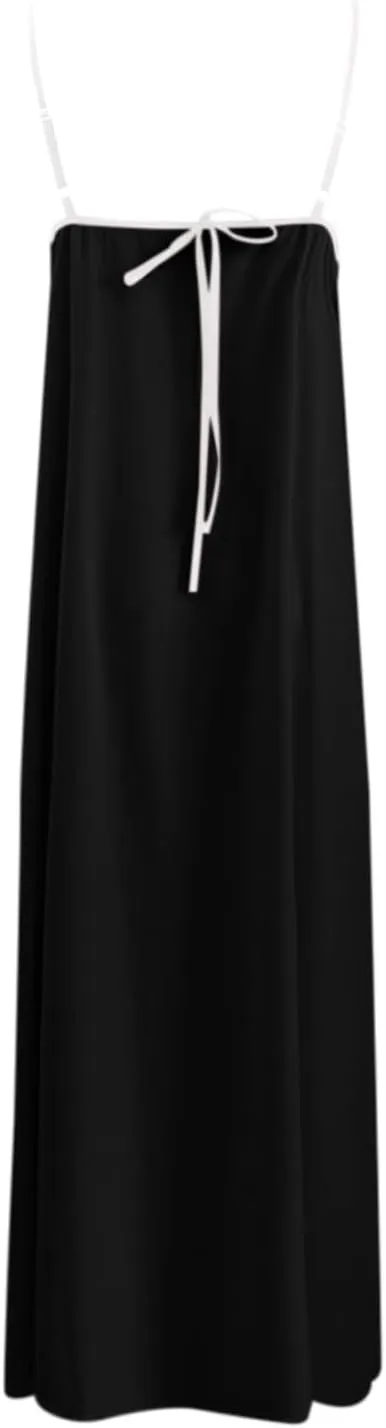 Womens Linen Maxi Dress Contrast Trim Spaghetti Straps Summer Outfits Sleeveless Long Dresses Women's Maxi Dress