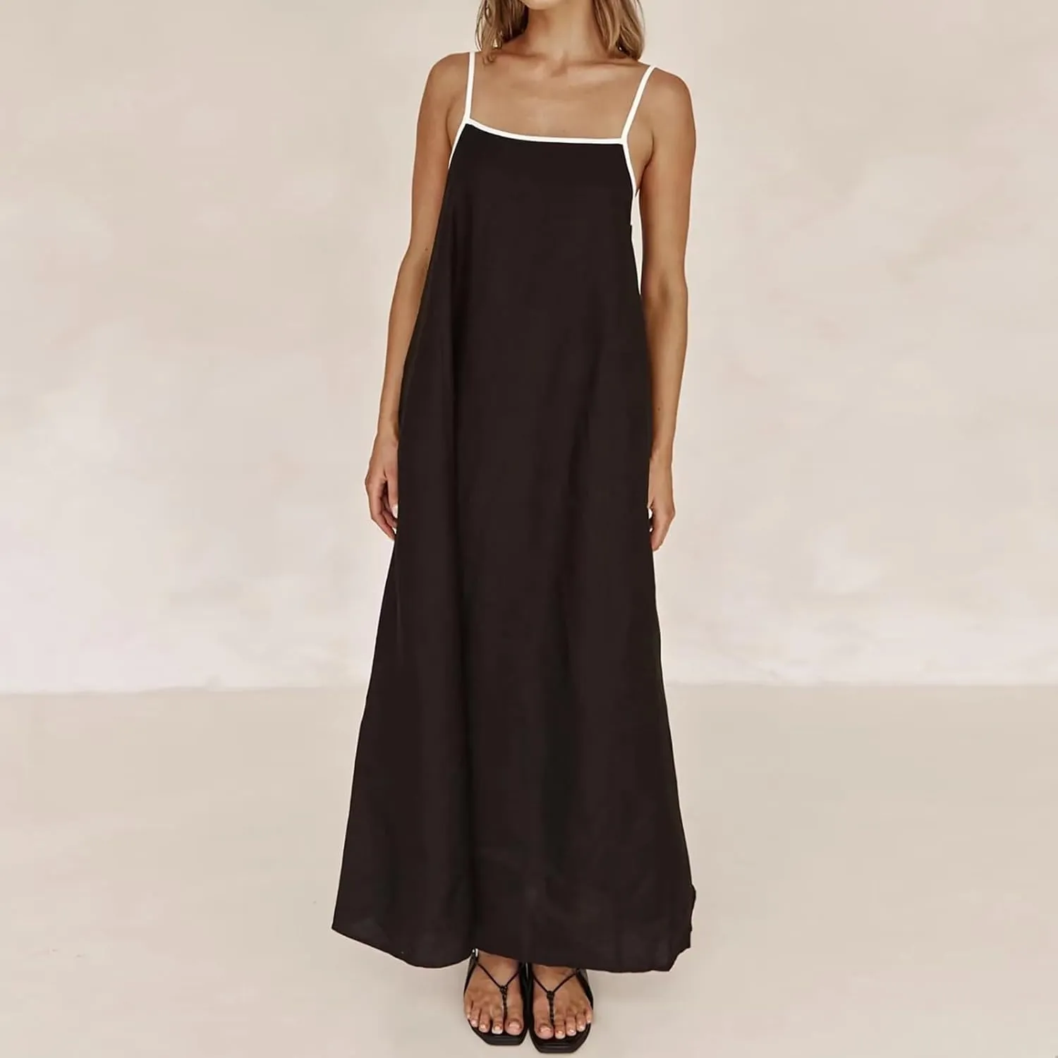 Womens Linen Maxi Dress Contrast Trim Spaghetti Straps Summer Outfits Sleeveless Long Dresses Women's Maxi Dress