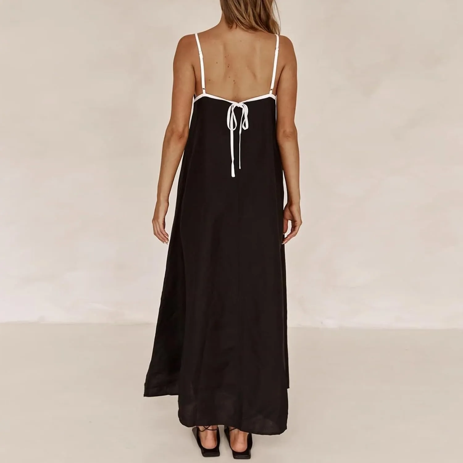 Womens Linen Maxi Dress Contrast Trim Spaghetti Straps Summer Outfits Sleeveless Long Dresses Women's Maxi Dress