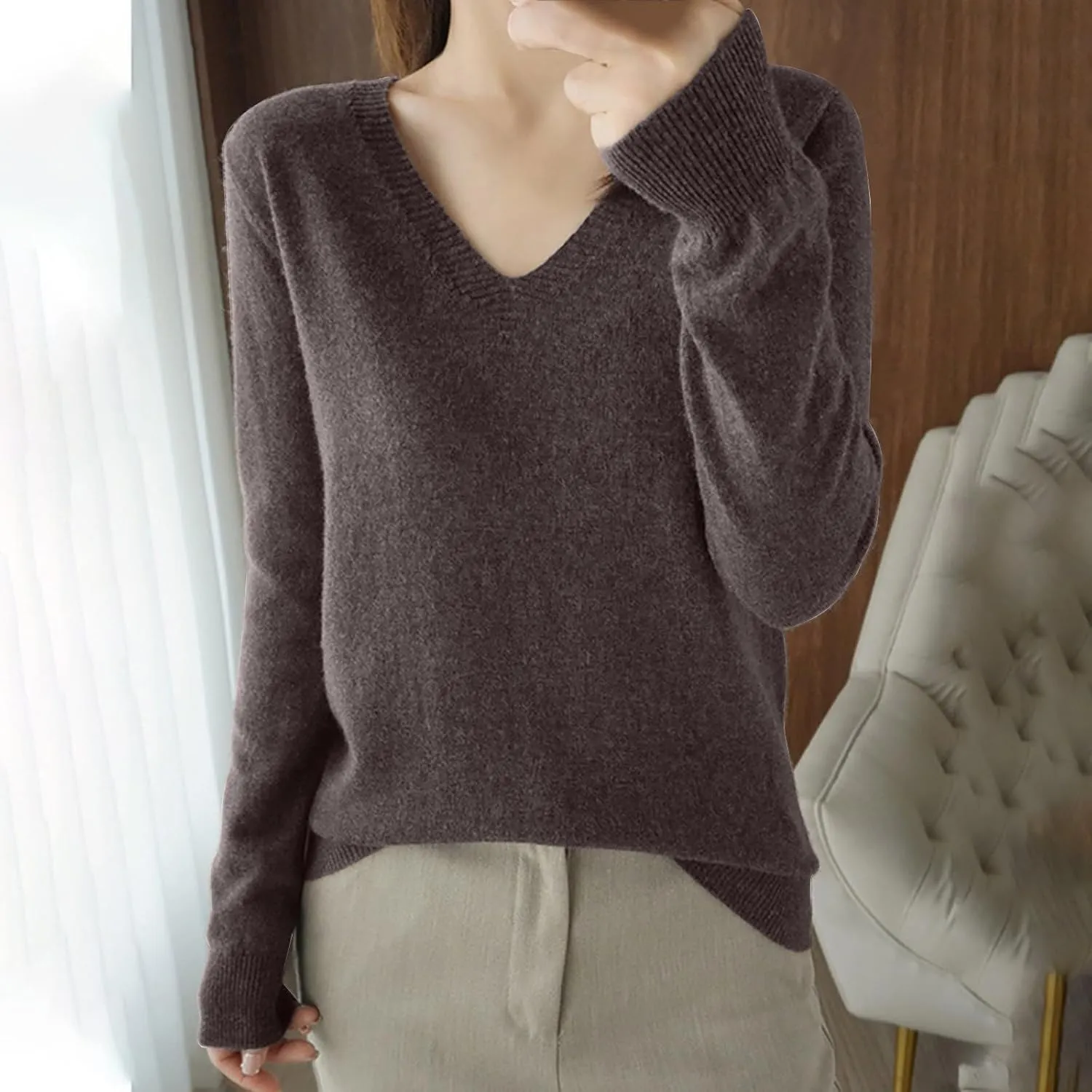 Womens Long Sleeve Sweaters V Neck Business Casual Tops Lightweight Crochet Long Sleeve Sweaters Outfits Clothes
