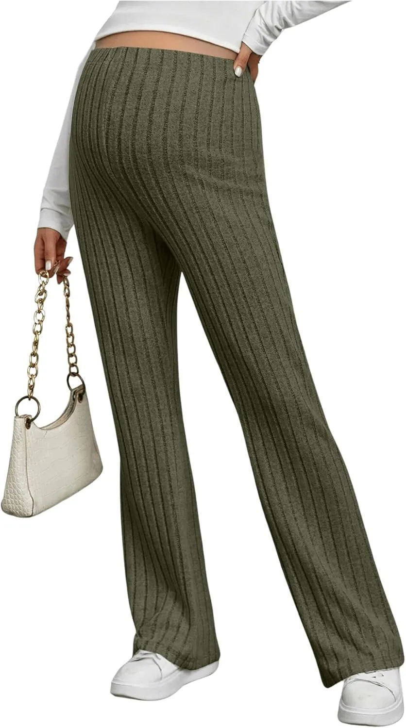 Women's Maternity Casual Adjustable High Waist Solid Flare Leg Ribbed Knit Pants Trousers