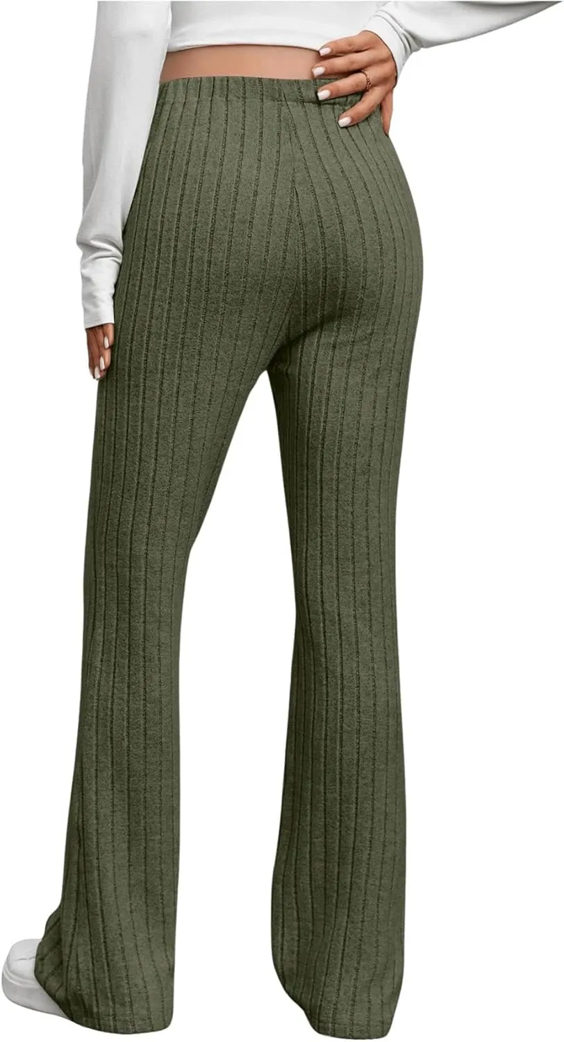Women's Maternity Casual Adjustable High Waist Solid Flare Leg Ribbed Knit Pants Trousers
