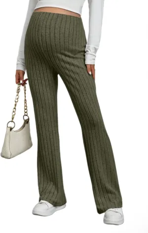 Women's Maternity Casual Adjustable High Waist Solid Flare Leg Ribbed Knit Pants Trousers