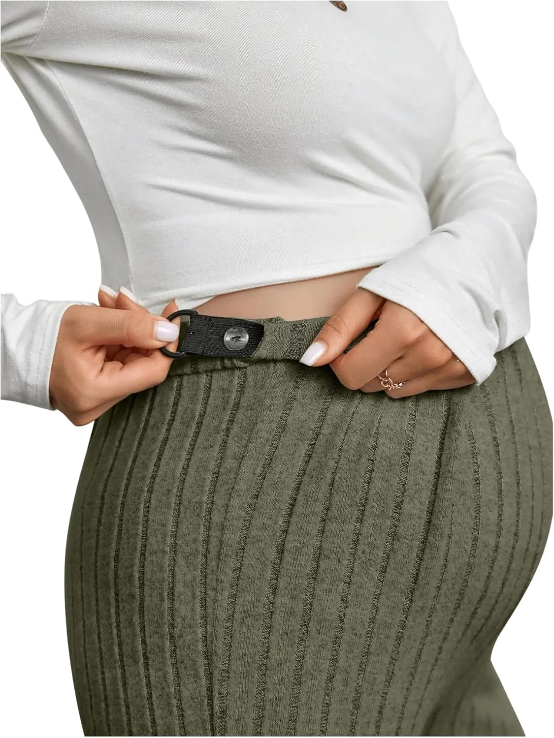 Women's Maternity Casual Adjustable High Waist Solid Flare Leg Ribbed Knit Pants Trousers