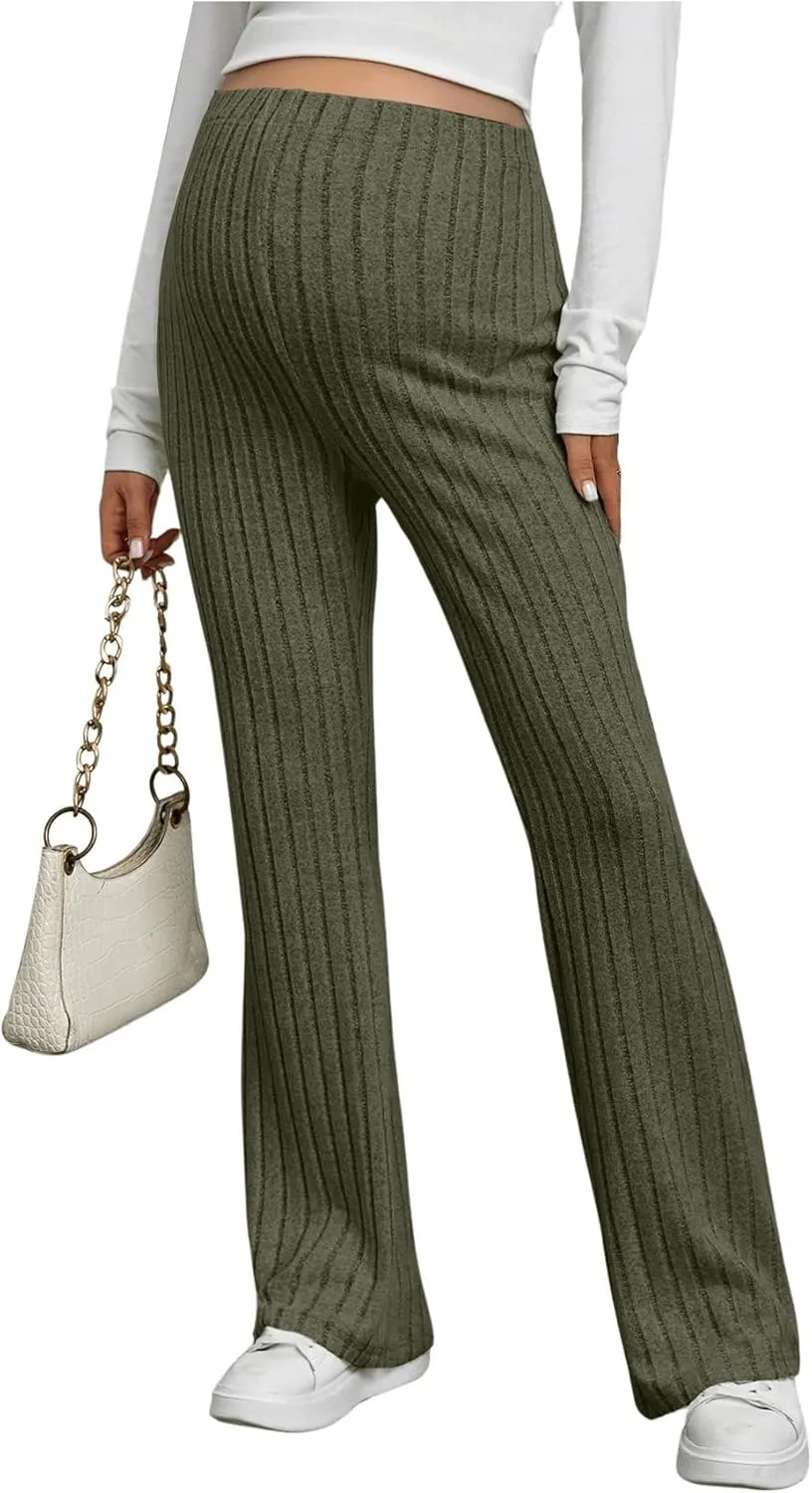 Women's Maternity Casual Adjustable High Waist Solid Flare Leg Ribbed Knit Pants Trousers