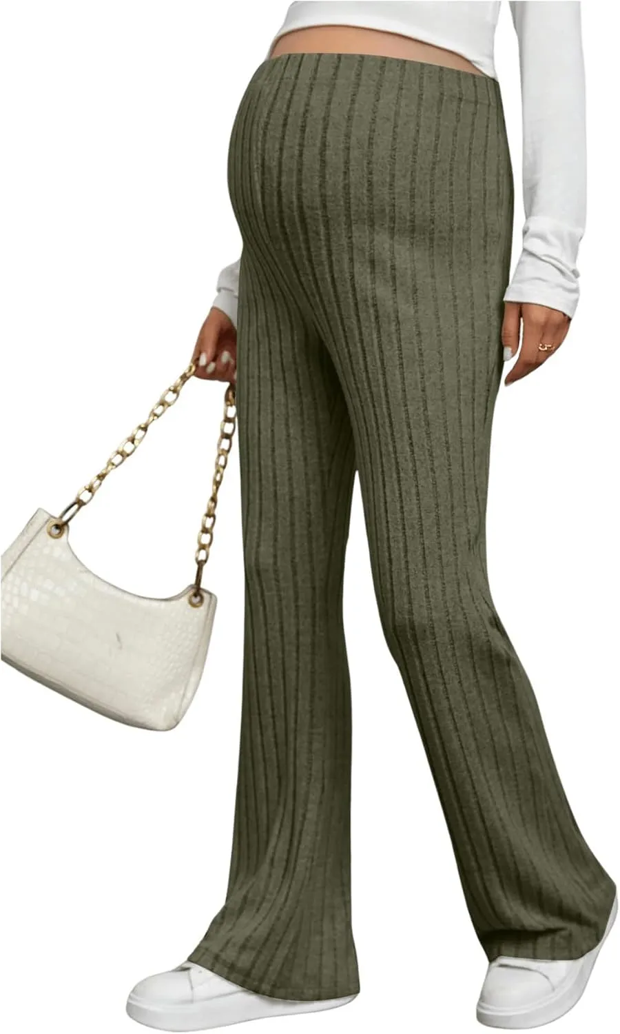 Women's Maternity Casual Adjustable High Waist Solid Flare Leg Ribbed Knit Pants Trousers