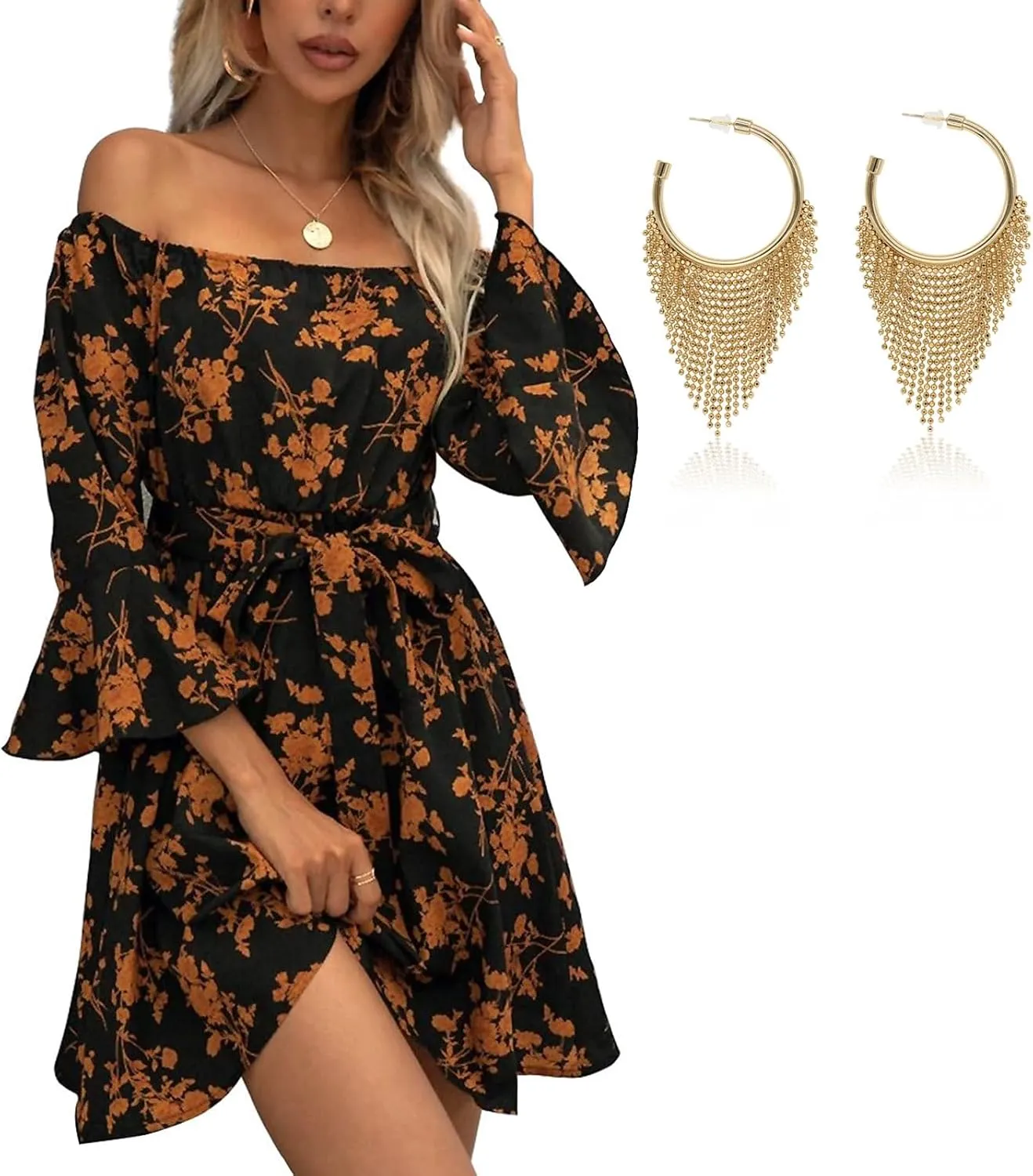 Womens Off Shoulder Dress Ruffle Floral Fall Wedding Guest Dresses with Fashion Tassel Gold Earrings