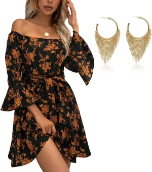 Womens Off Shoulder Dress Ruffle Floral Fall Wedding Guest Dresses with Fashion Tassel Gold Earrings