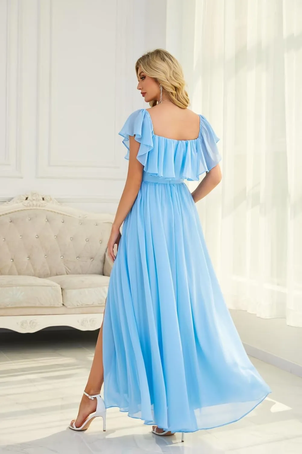 Women's Off The Shoulder Bridesmaid Dresses Side Split Pleated Waist Chiffon Evening Formal Dresses Strapless