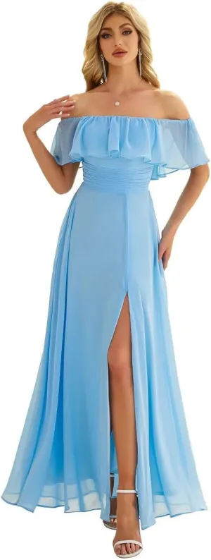 Women's Off The Shoulder Bridesmaid Dresses Side Split Pleated Waist Chiffon Evening Formal Dresses Strapless
