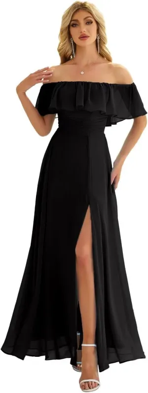 Women's Off The Shoulder Bridesmaid Dresses Side Split Pleated Waist Chiffon Evening Formal Dresses Strapless