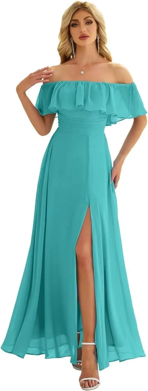 Women's Off The Shoulder Bridesmaid Dresses Side Split Pleated Waist Chiffon Evening Formal Dresses Strapless