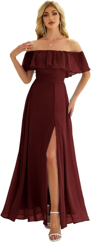 Women's Off The Shoulder Bridesmaid Dresses Side Split Pleated Waist Chiffon Evening Formal Dresses Strapless