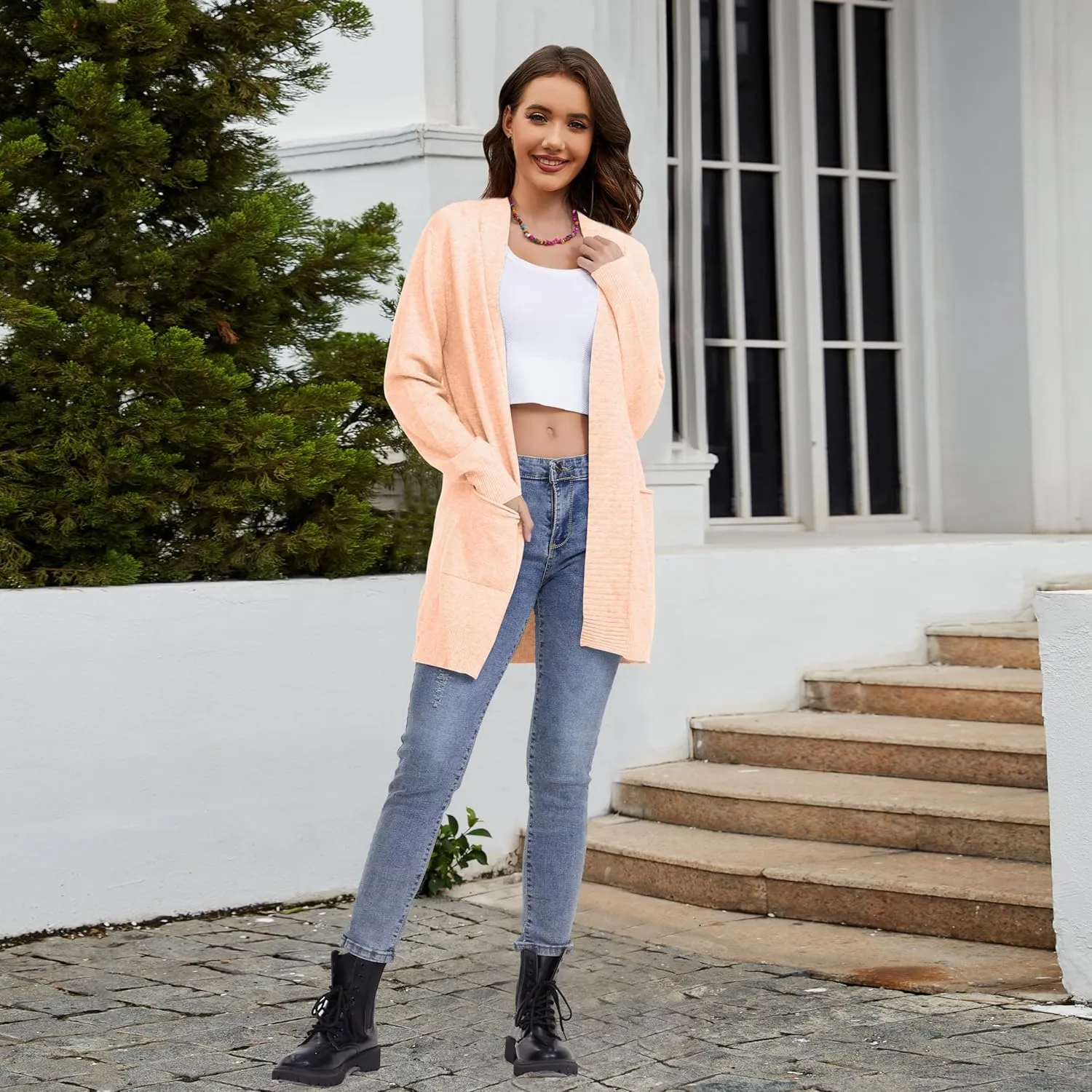 Women's Open Front Cardigan with Pockets Long Sleeve Casual Knit Sweaters