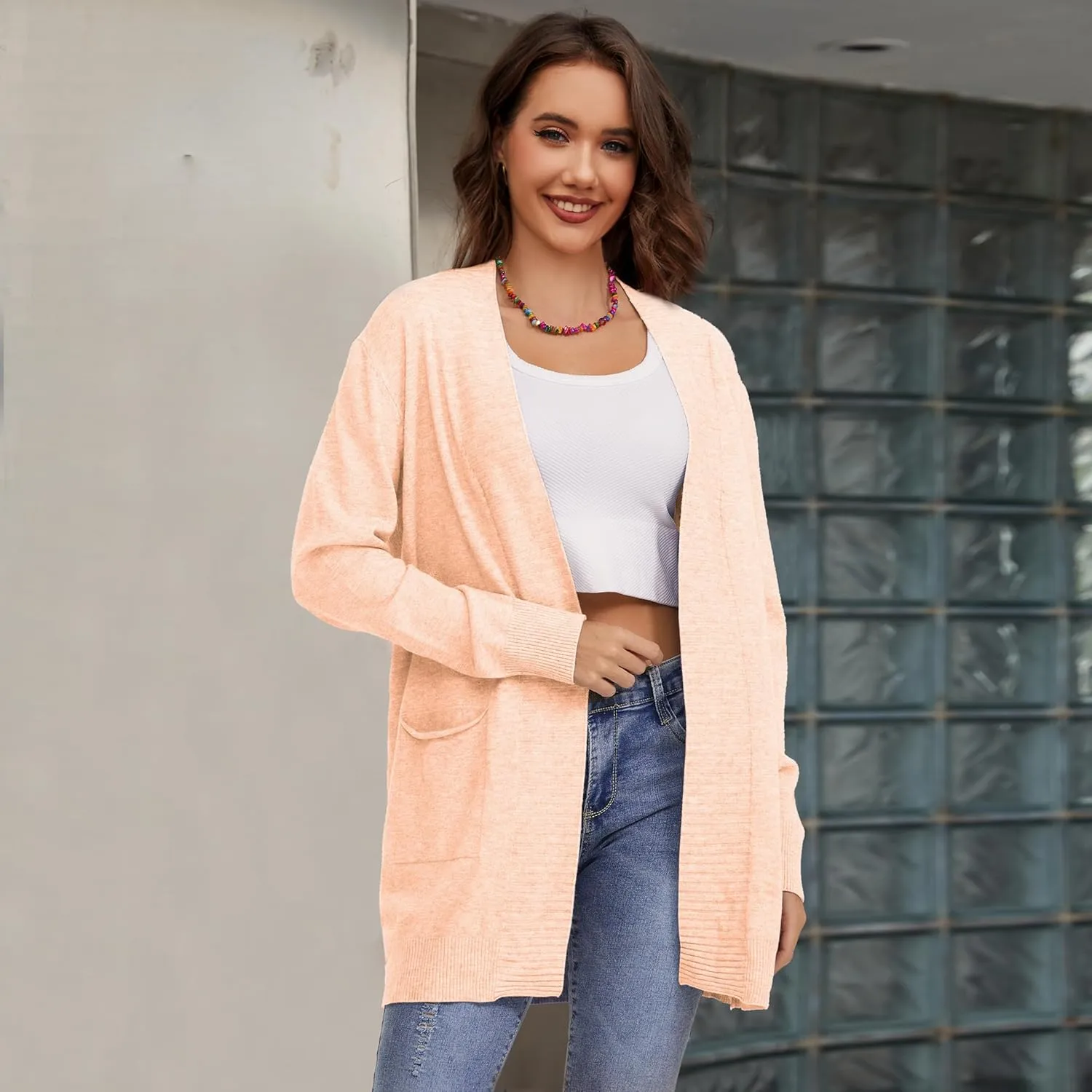 Women's Open Front Cardigan with Pockets Long Sleeve Casual Knit Sweaters
