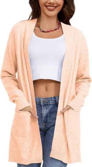 Women's Open Front Cardigan with Pockets Long Sleeve Casual Knit Sweaters