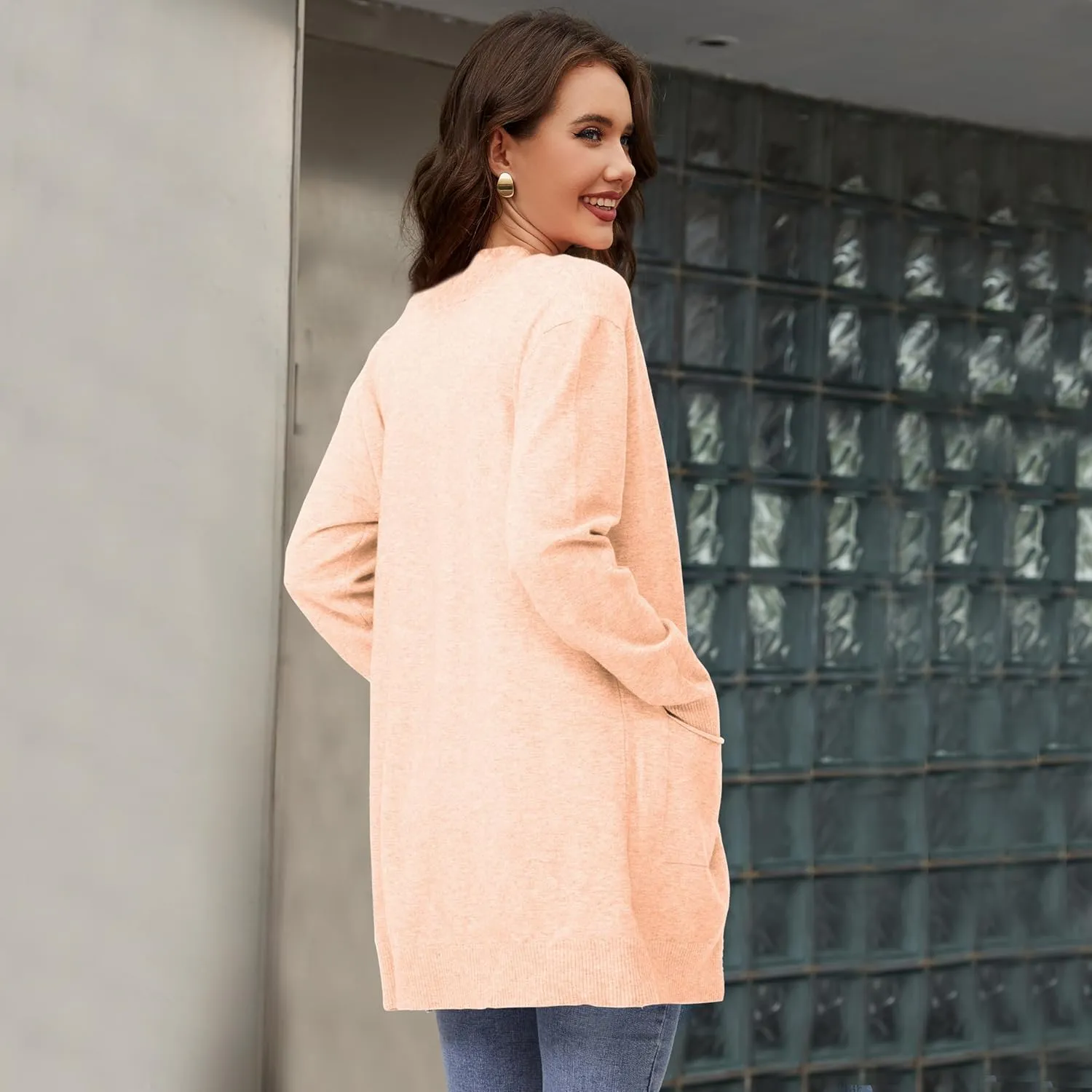 Women's Open Front Cardigan with Pockets Long Sleeve Casual Knit Sweaters