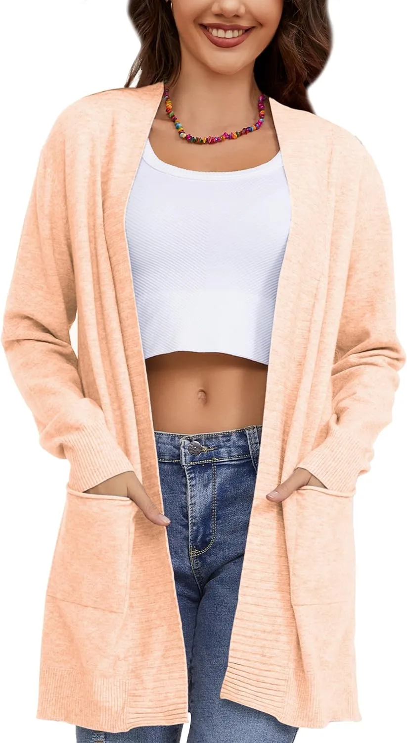 Women's Open Front Cardigan with Pockets Long Sleeve Casual Knit Sweaters