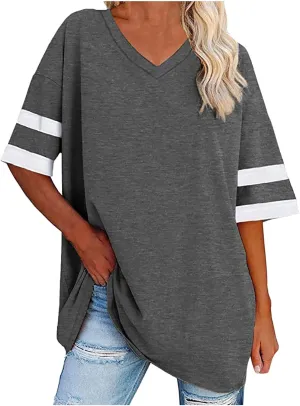 Women's Oversized T Shirts Short Sleeve Crewneck Summer Tops Casual Loose Tee Shirts with Stripe is on The Arms