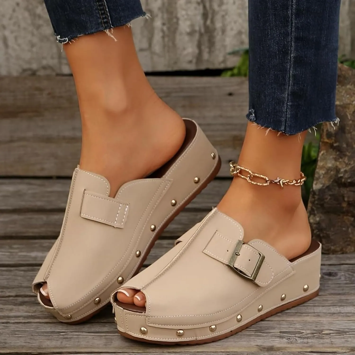 Women's Platform Wedge Sandals Chunky Heel Fish Mouth Platform Sandals Anti-Slip & Wear-Resistant Shoes Locking Design Walking Sandal Slip on Mules and Clogs