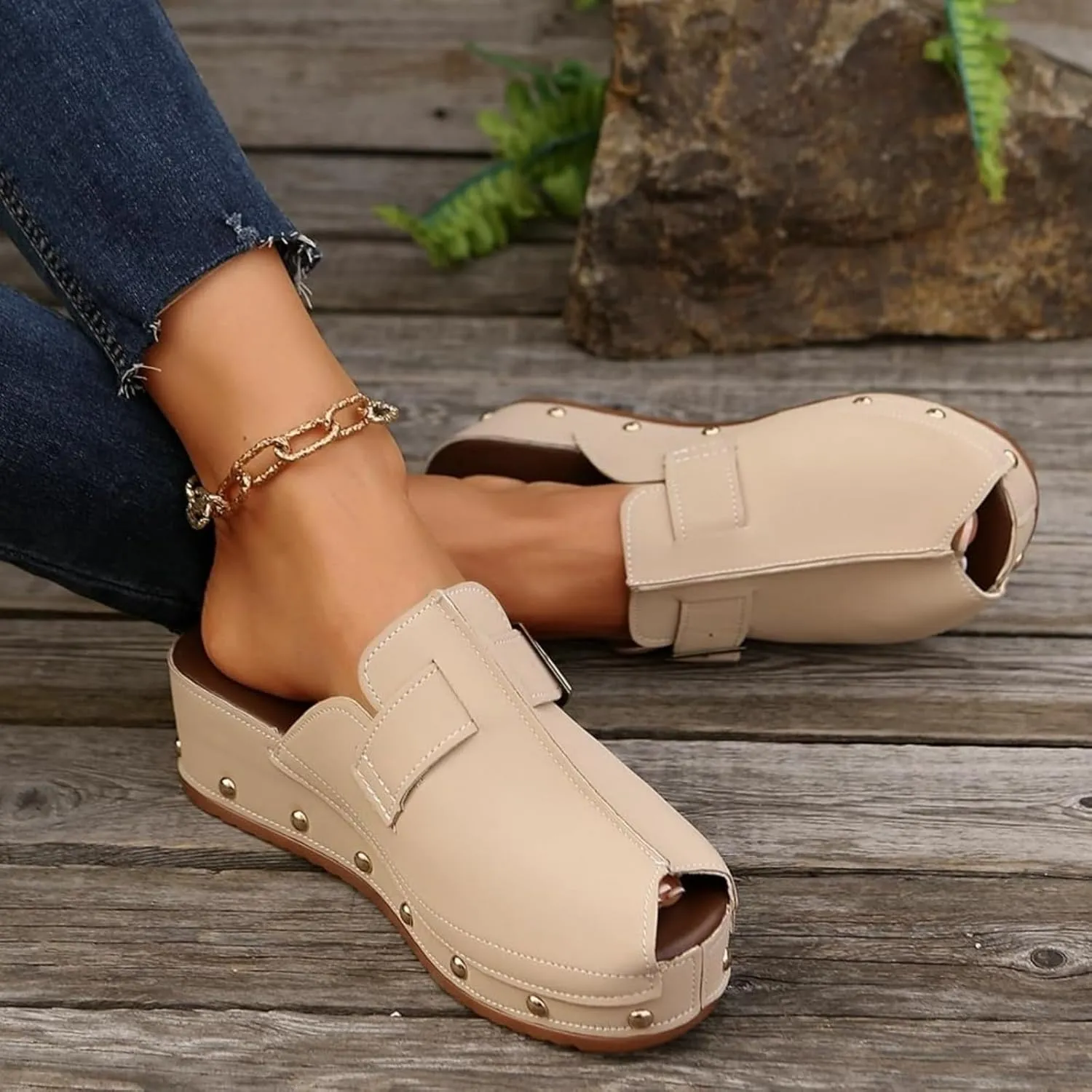 Women's Platform Wedge Sandals Chunky Heel Fish Mouth Platform Sandals Anti-Slip & Wear-Resistant Shoes Locking Design Walking Sandal Slip on Mules and Clogs
