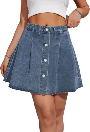 Womens Pleated Denim Skirts High Waisted A Line Mini Denim Jean Skirt