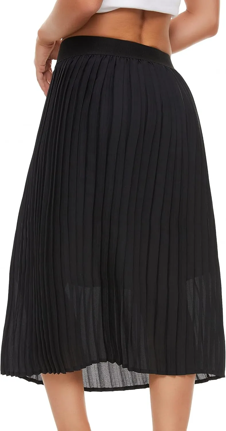 Womens Pleated Midi Skirt,High Waist Swing Boho Pleated Skirt Casual Chiffon Elastic A-line Long Skirts