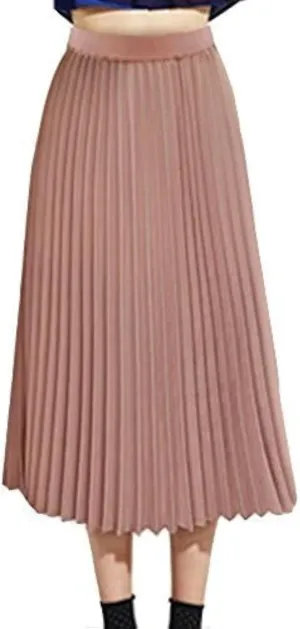Womens Pleated Midi Skirt,High Waist Swing Boho Pleated Skirt Casual Chiffon Elastic A-line Long Skirts
