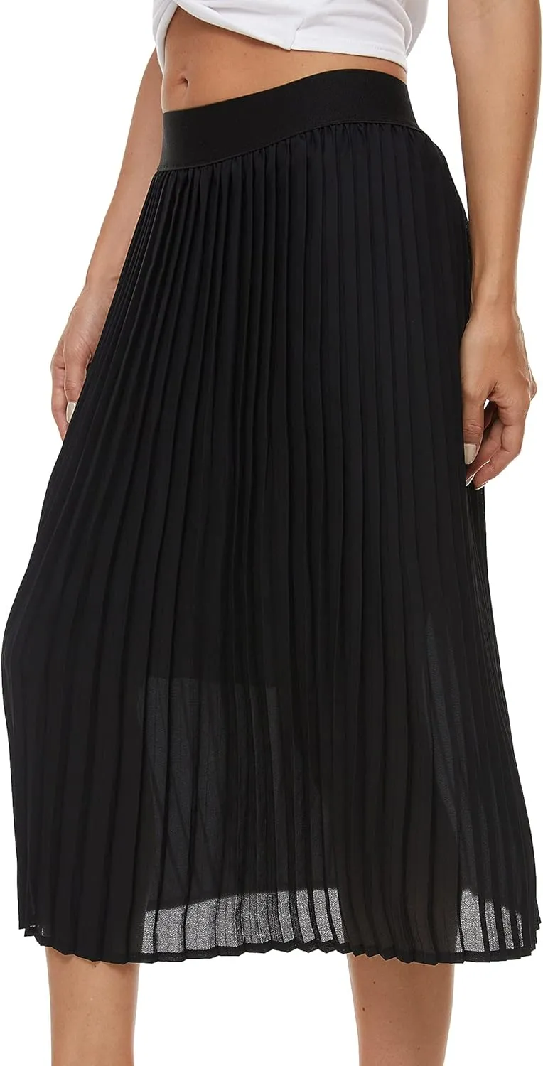 Womens Pleated Midi Skirt,High Waist Swing Boho Pleated Skirt Casual Chiffon Elastic A-line Long Skirts