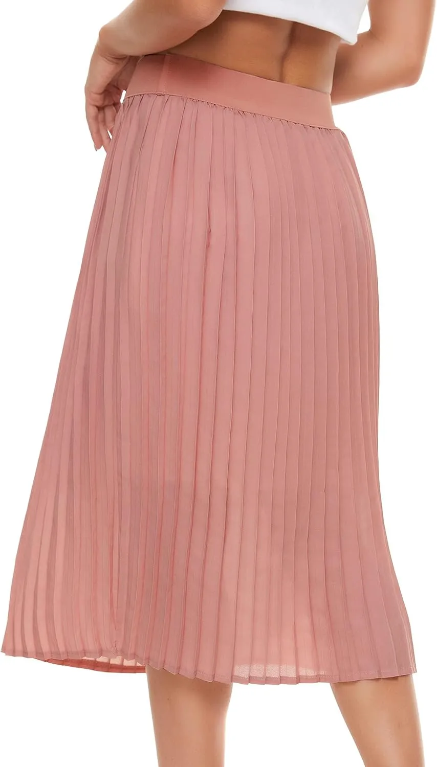 Womens Pleated Midi Skirt,High Waist Swing Boho Pleated Skirt Casual Chiffon Elastic A-line Long Skirts