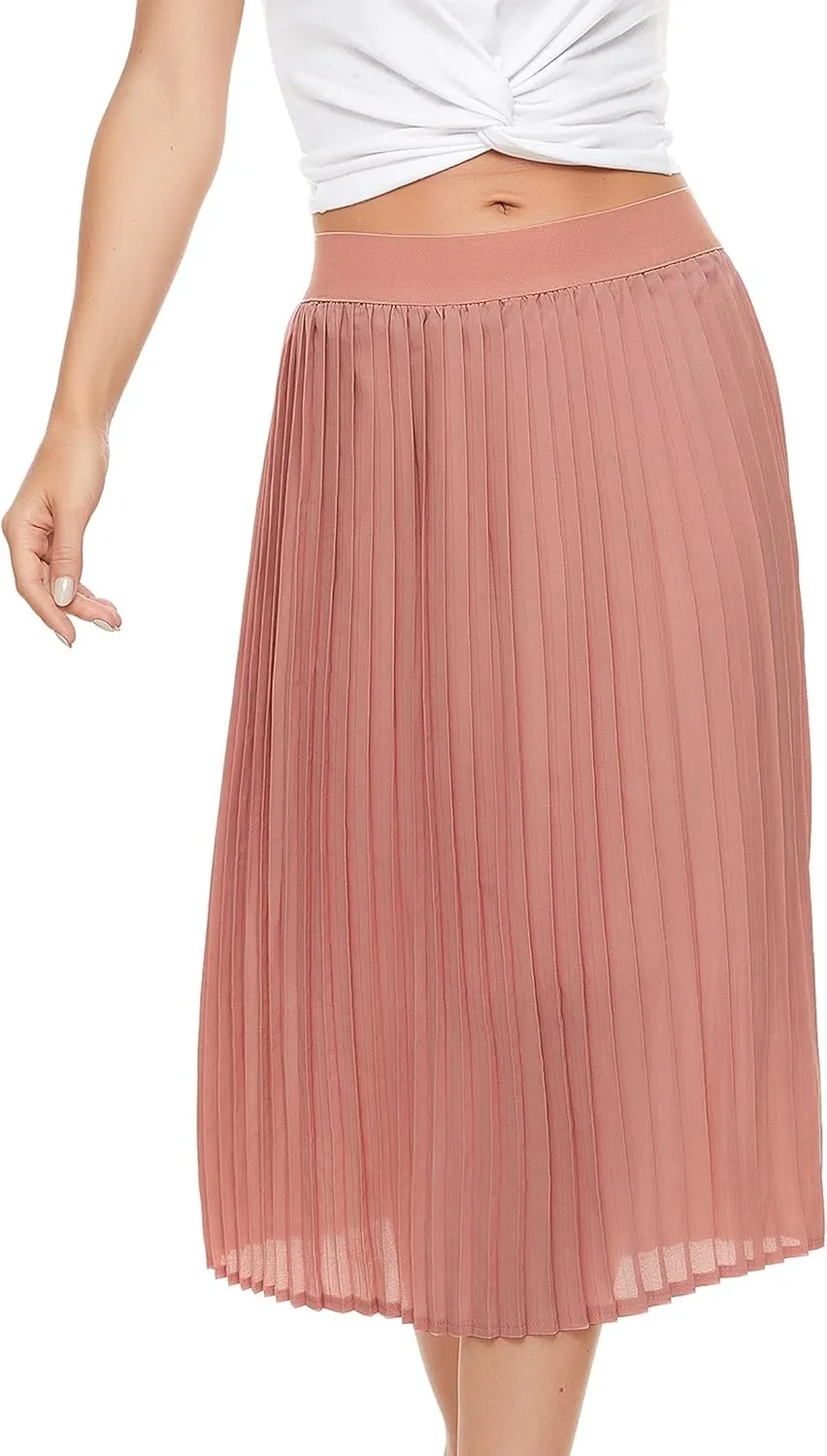 Womens Pleated Midi Skirt,High Waist Swing Boho Pleated Skirt Casual Chiffon Elastic A-line Long Skirts