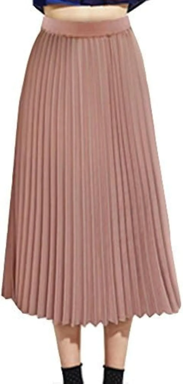 Womens Pleated Midi Skirt,High Waist Swing Boho Pleated Skirt Casual Chiffon Elastic A-line Long Skirts