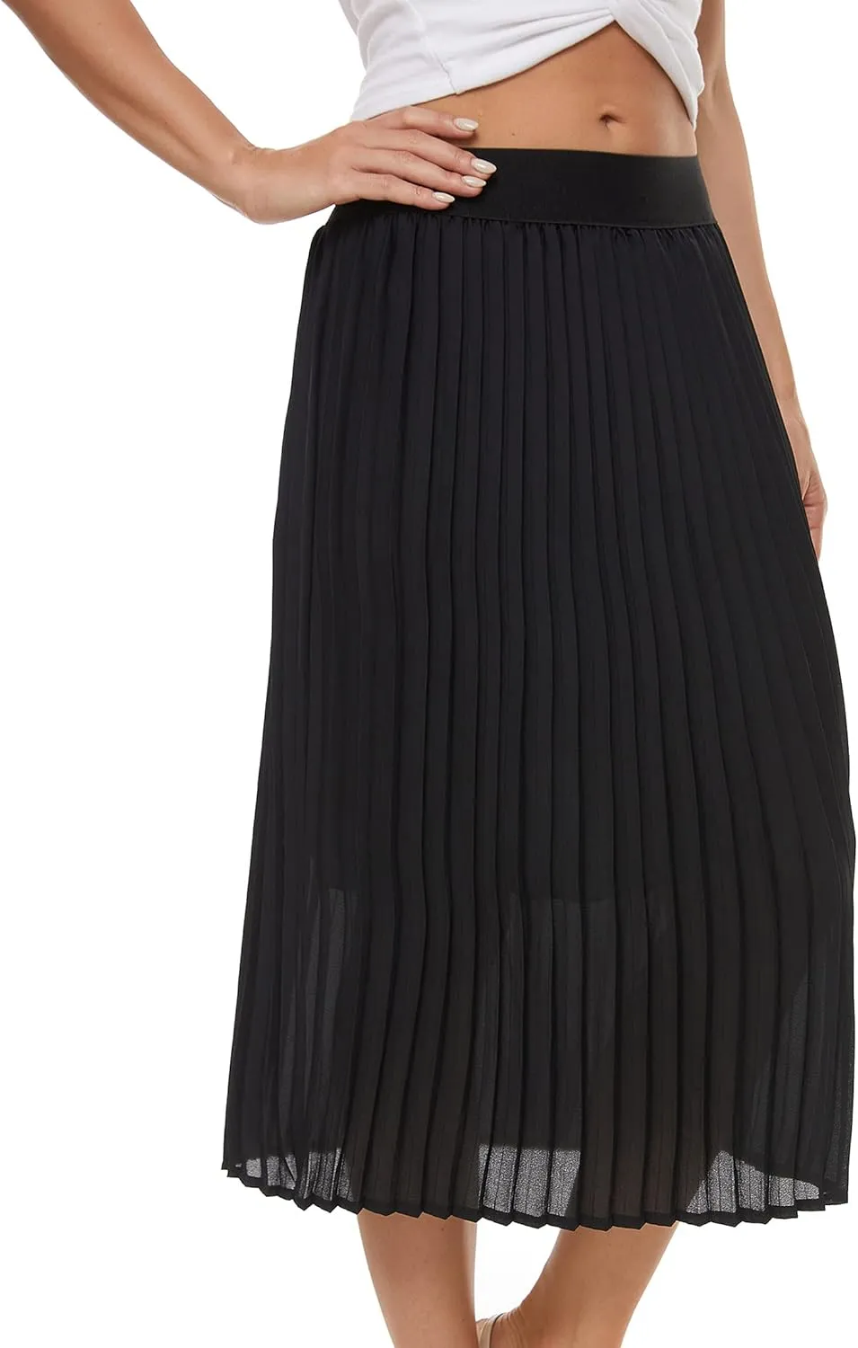 Womens Pleated Midi Skirt,High Waist Swing Boho Pleated Skirt Casual Chiffon Elastic A-line Long Skirts