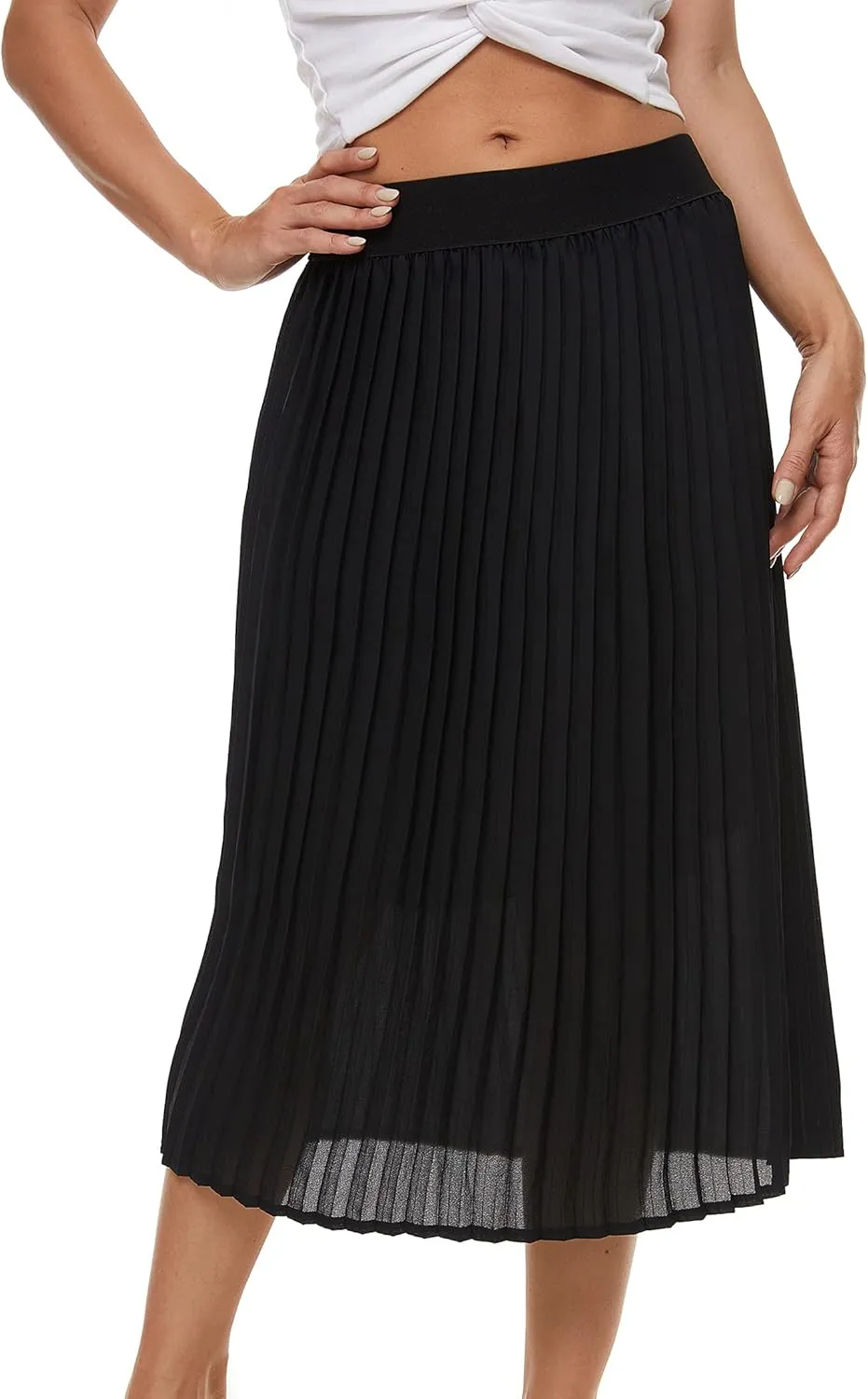 Womens Pleated Midi Skirt,High Waist Swing Boho Pleated Skirt Casual Chiffon Elastic A-line Long Skirts